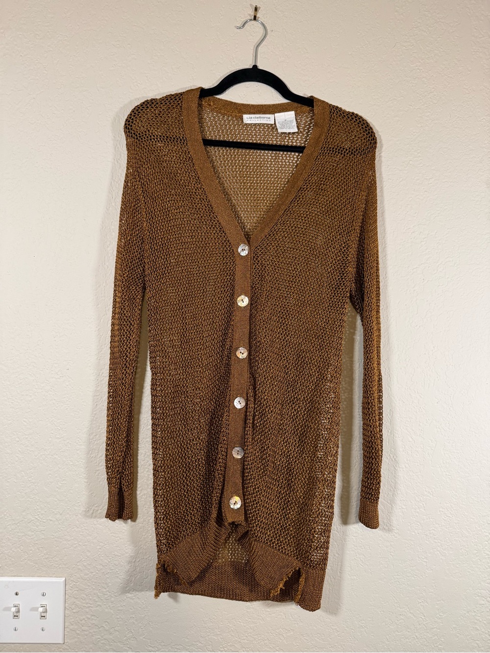 Liz Claiborne Collection Lightweight Brown Open Knit Button Up Sweater Medium